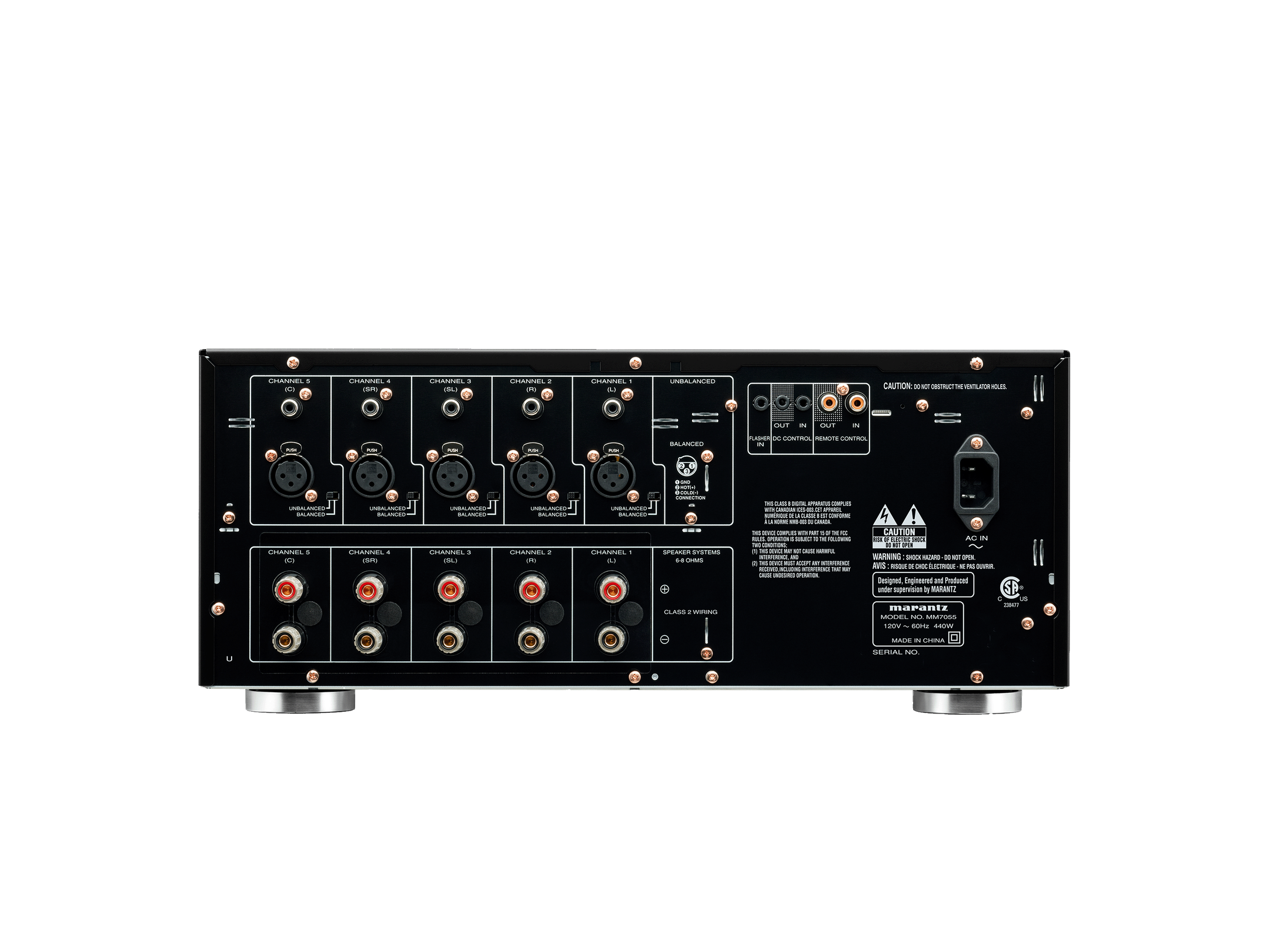 Marantz MM7055 140W amplifier back panel with input connections