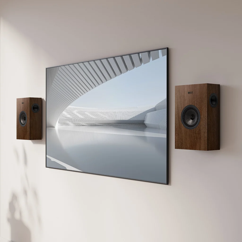 KEF Q4 Meta WALNUT speaker mounted on wall in living room