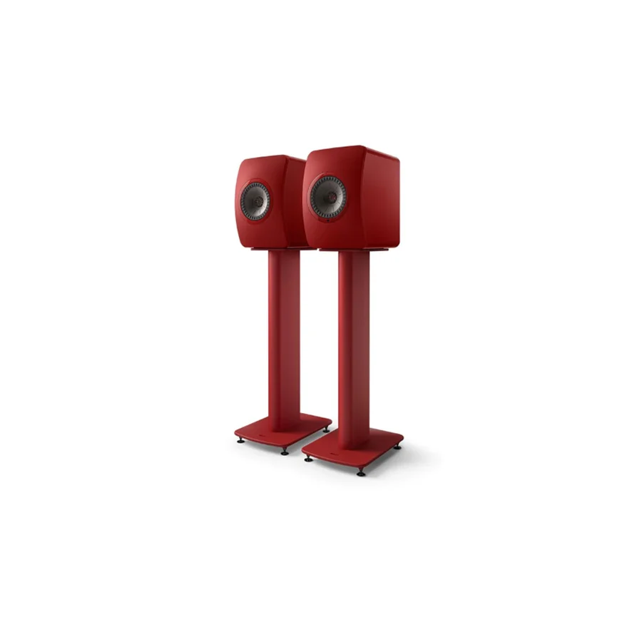 KEF S2 Floor Stands in Crimson Red paired with LS50 Wireless II speakers