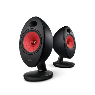 Pair of KEF EGG Duo Black speakers at an angle showing Uni-Q driver