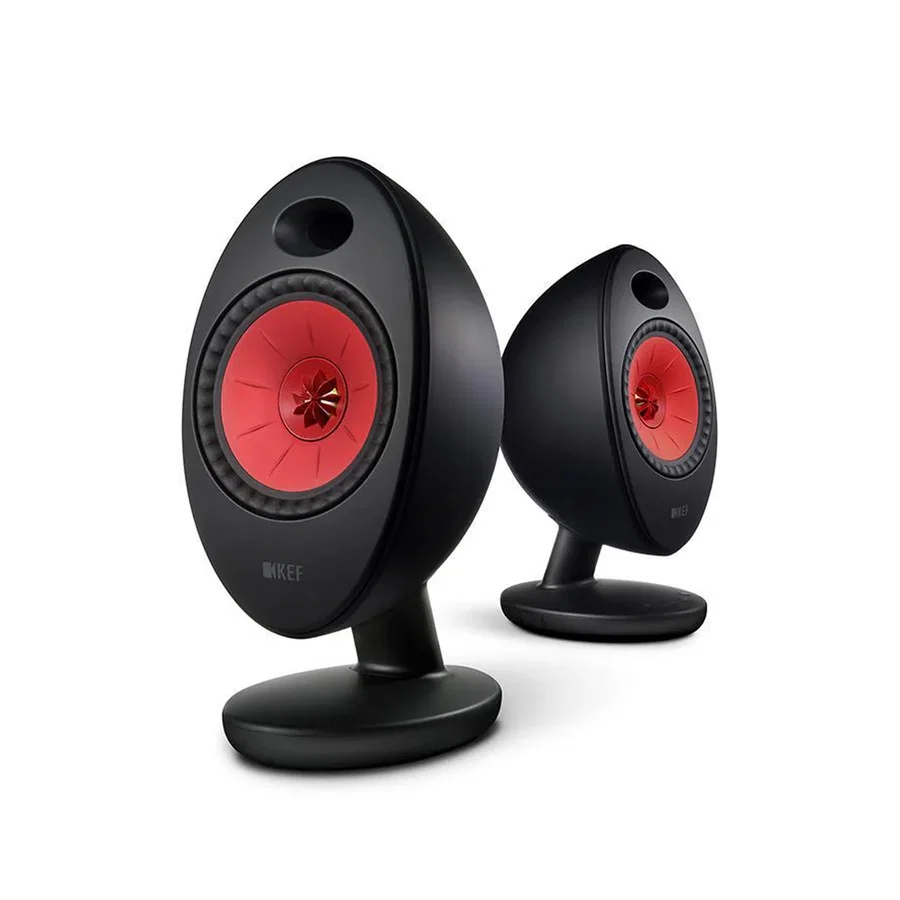 Pair of KEF EGG Duo Black speakers at an angle showing Uni-Q driver