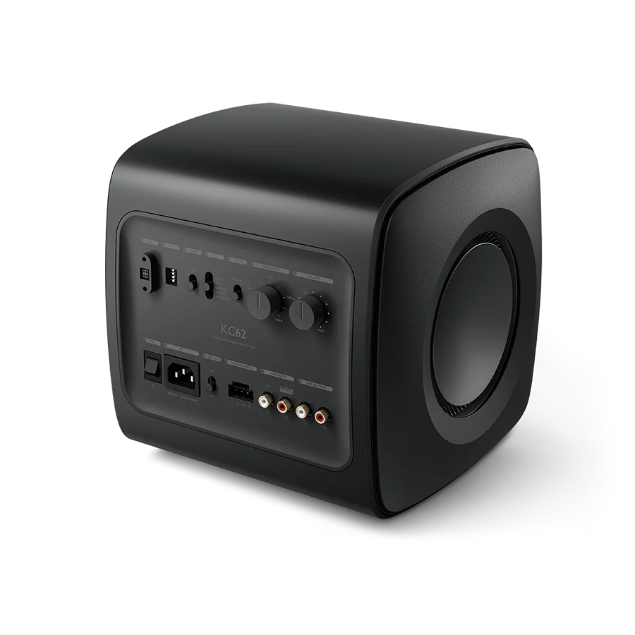 KEF KC62 Black subwoofer angled view showing cube design