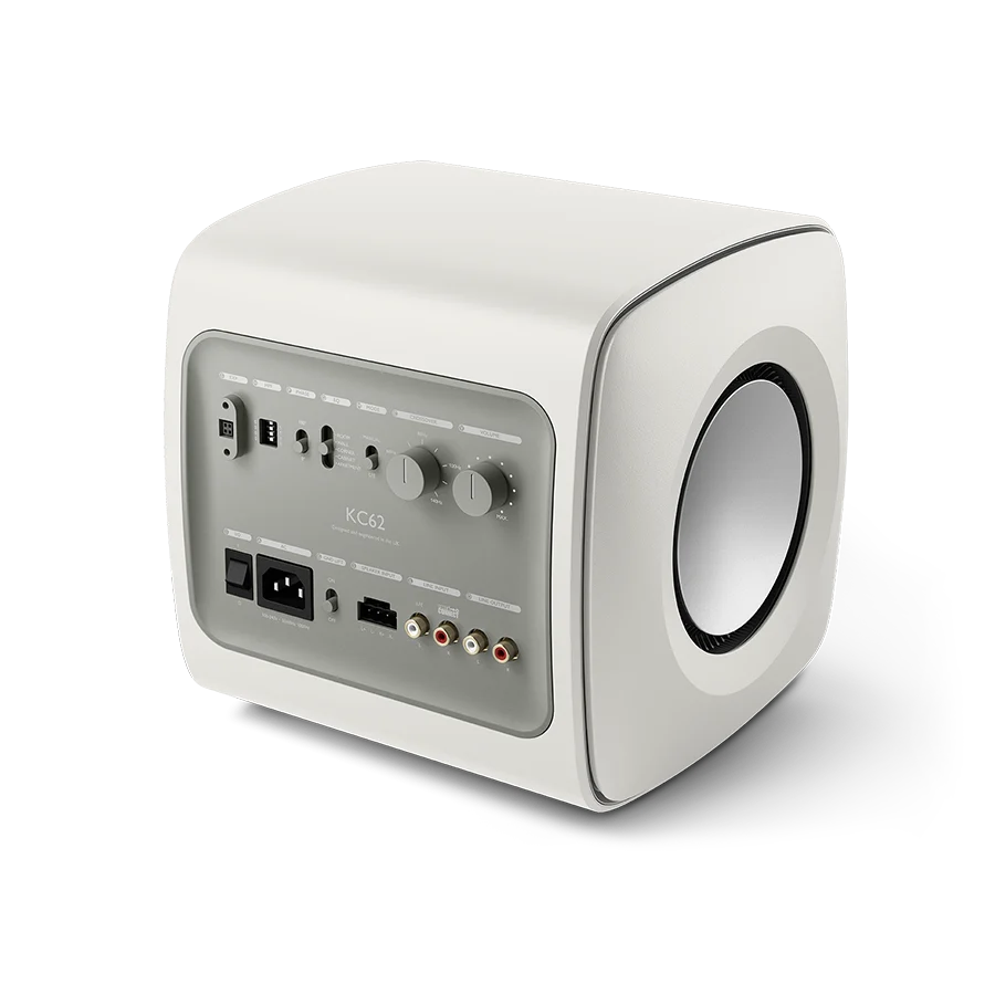 KEF KC62 White subwoofer angled view showing cube design
