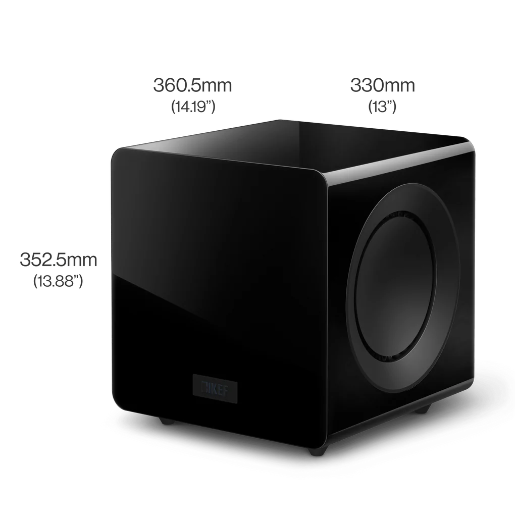 KEF KC92 Black subwoofer angled view showing driver grille