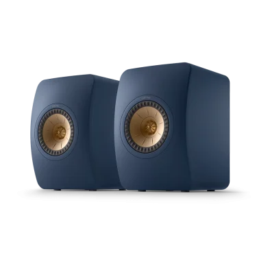 KEF LS50 Meta Royal Blue speakers on stands in living room