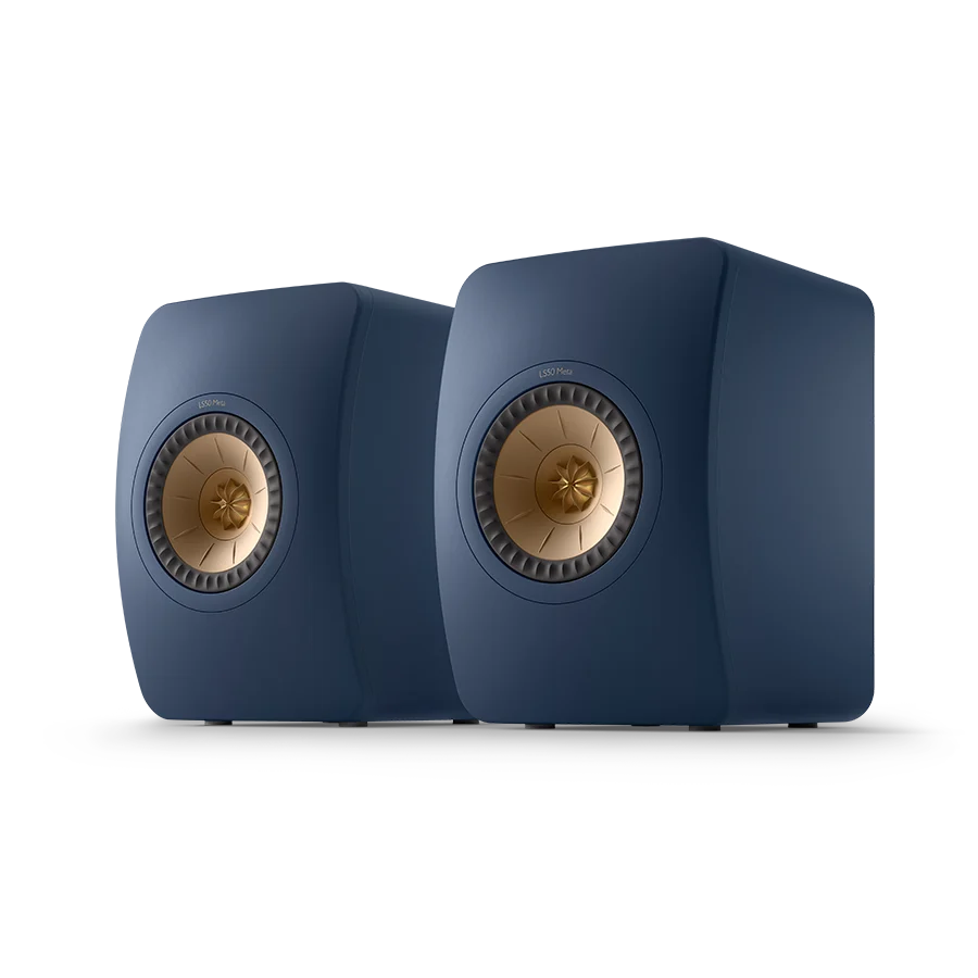 KEF LS50 Meta Royal Blue speakers on stands in living room