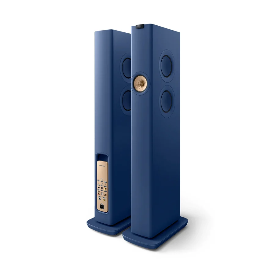 Pair of KEF LS60 Wireless speakers Royal Blue in living room setup