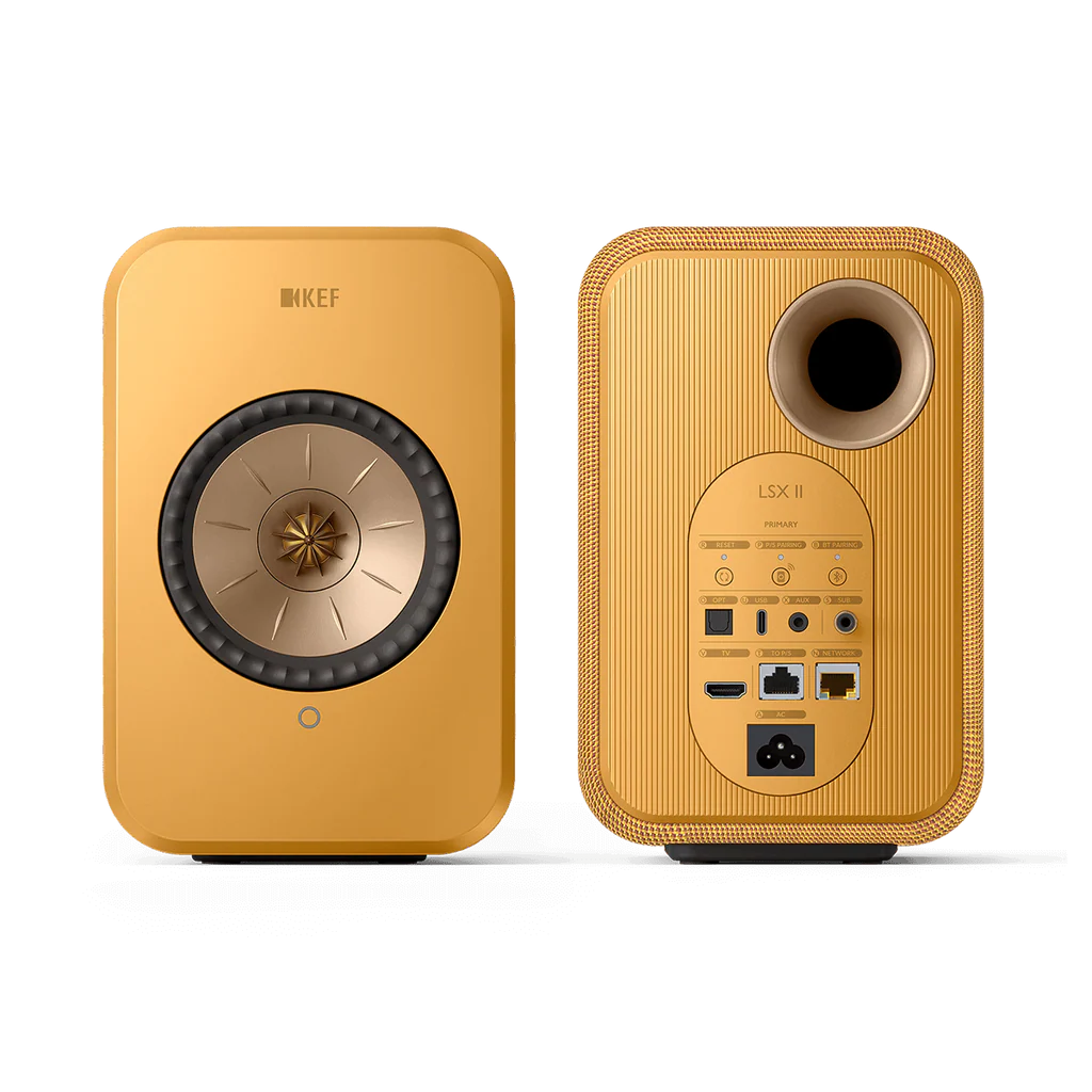 KEF LSX II wireless speakers pair in Amber Haze front view