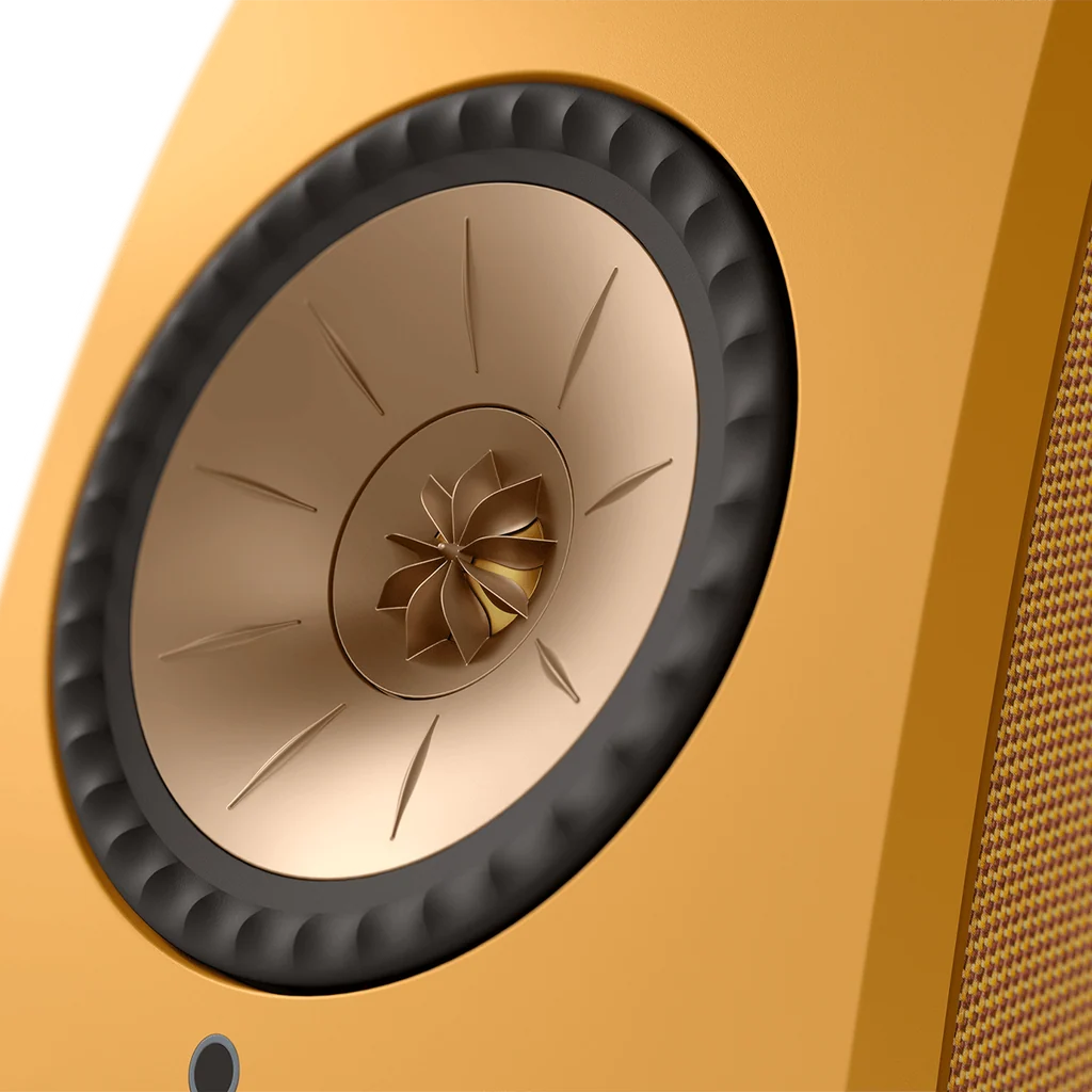 Close-up of KEF LSX II Uni-Q driver array in Amber Haze
