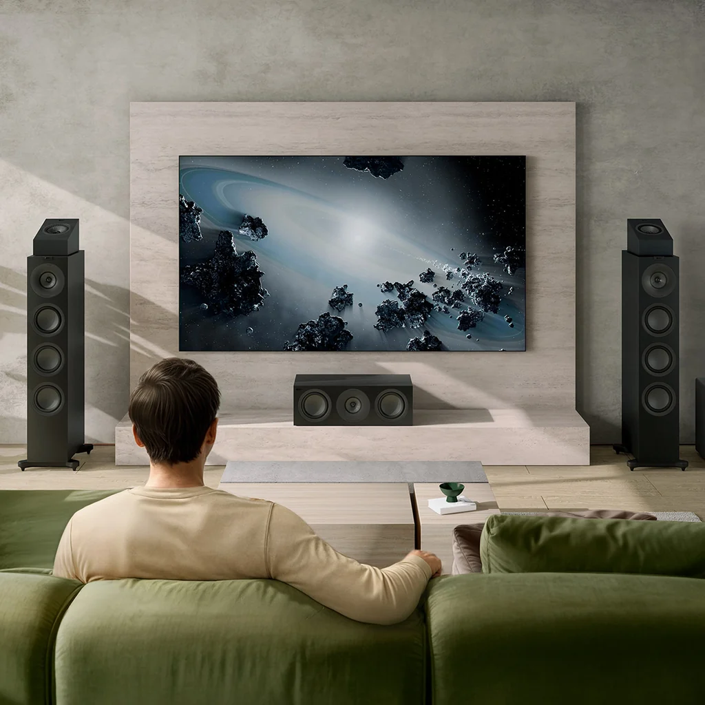 KEF Q11 Meta Satin Black speakers in a living room setup