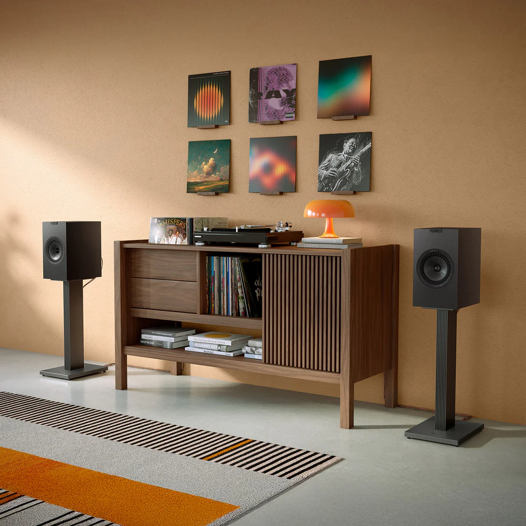 KEF Q3 Meta Satin black speakers in a living room setup