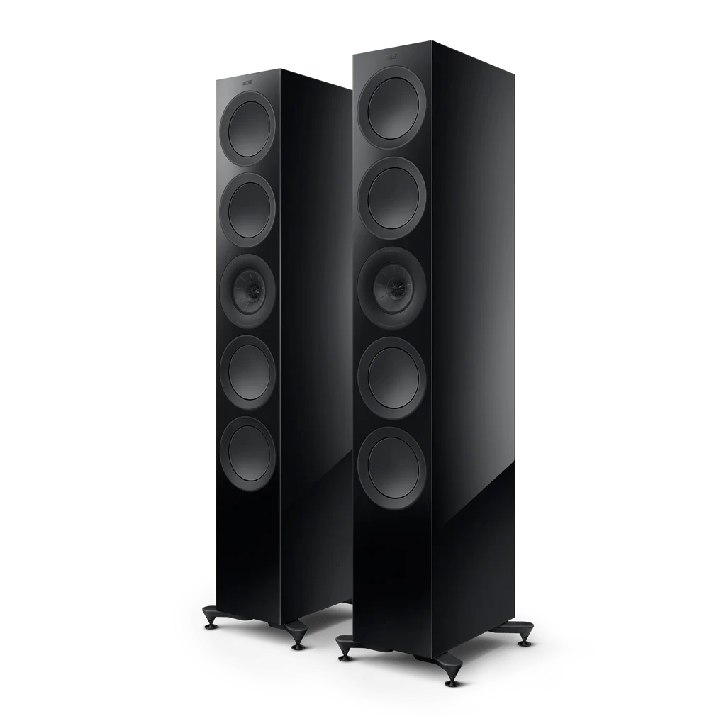 KEF R11 Meta floorstanding speakers in Black Gloss front view