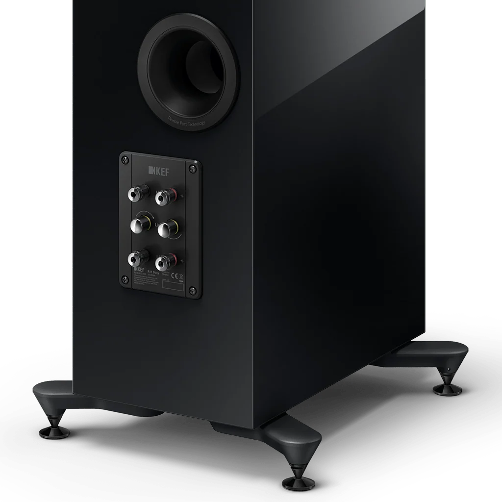 KEF R11 Meta Black Gloss speaker with microfibre grille attached