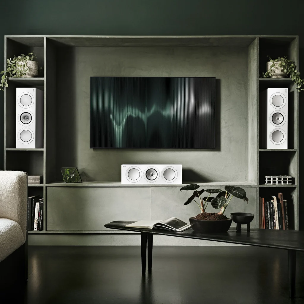 KEF R2 Meta compact centre channel speaker in a home theatre LCR setup