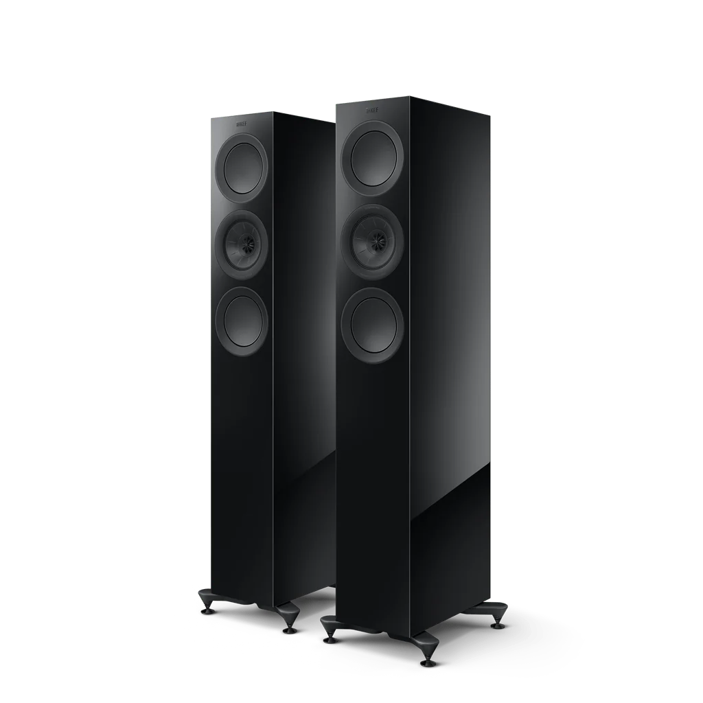KEF R5 Meta floorstanding speakers in Black Gloss front view