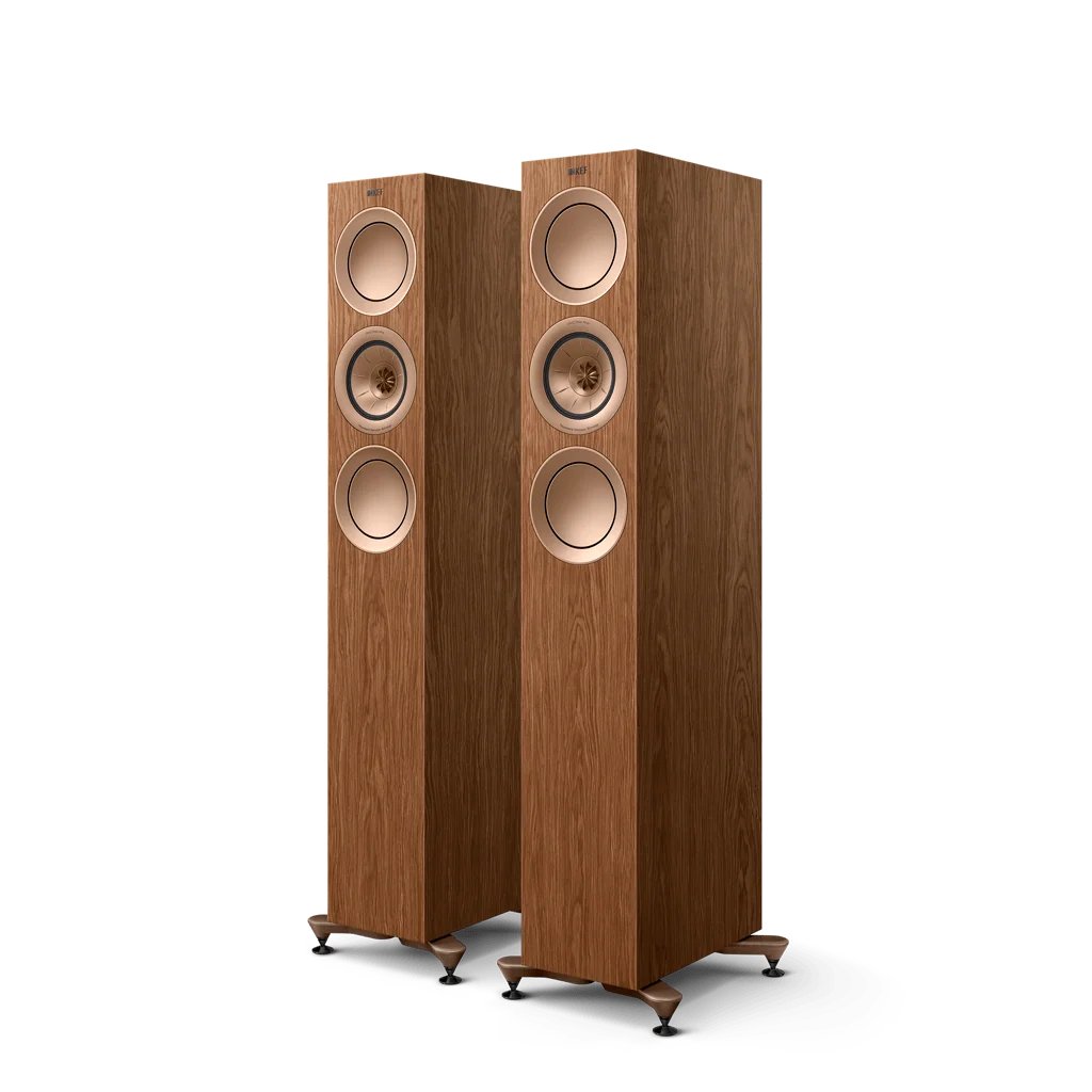 KEF R5 Meta floorstanding speakers in Walnut front view