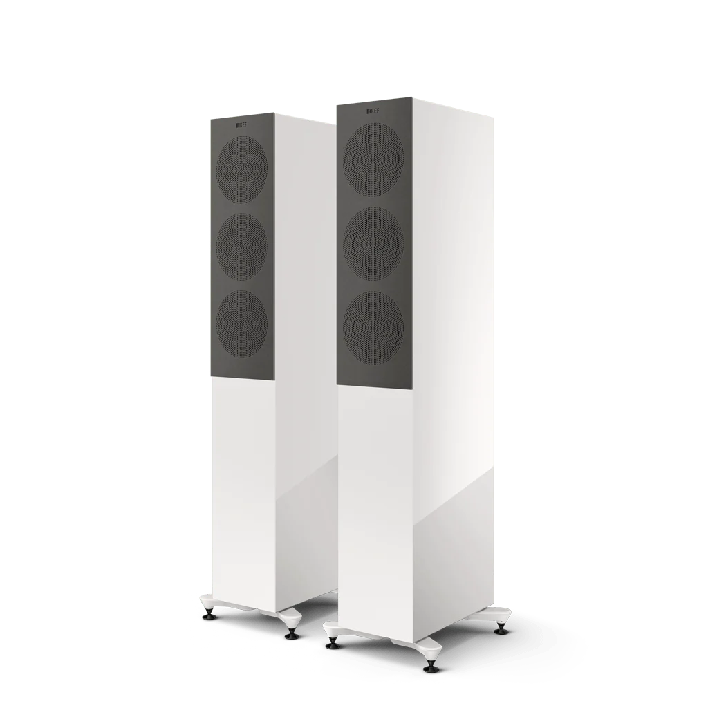 KEF R5 Meta floorstanding speakers in White Gloss front view