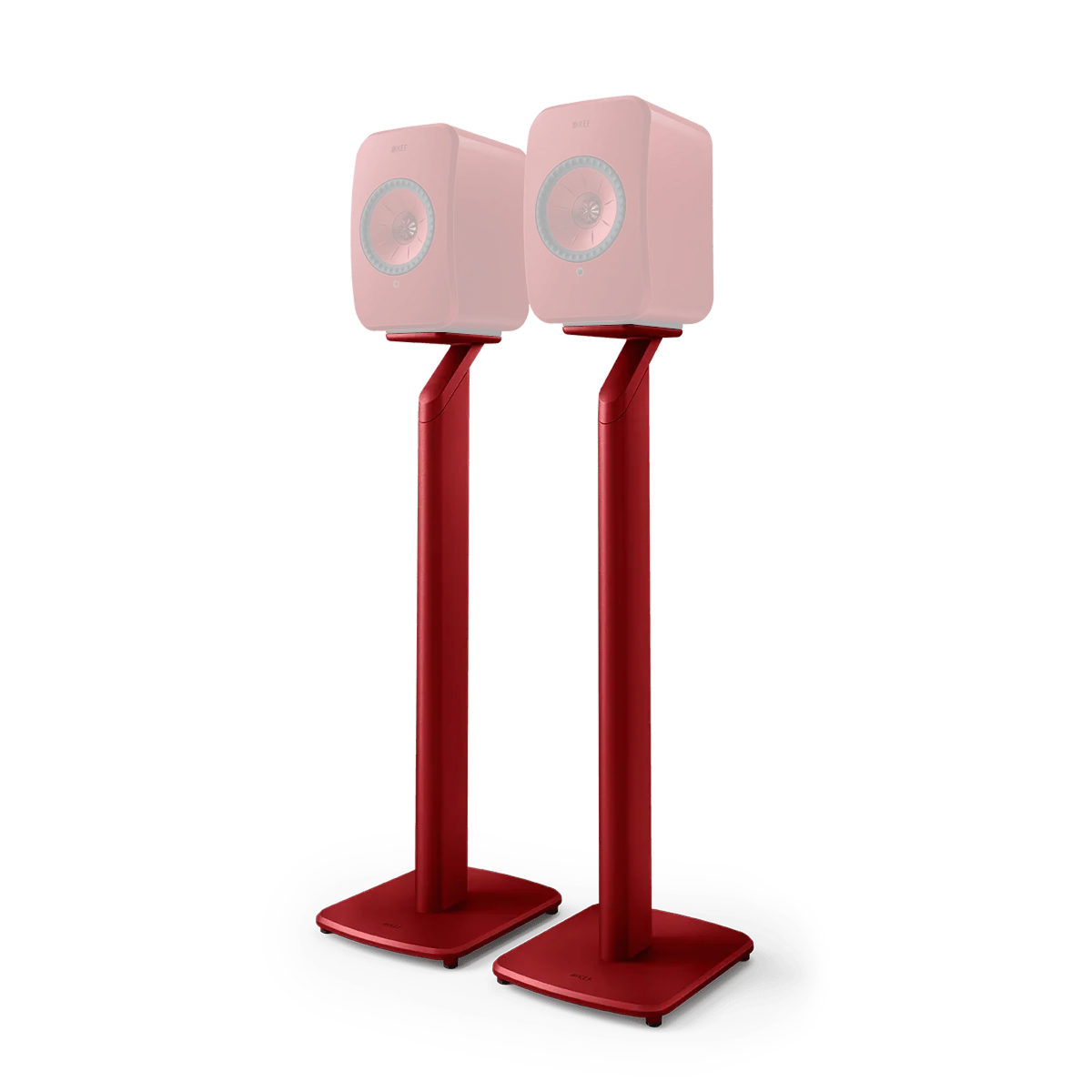 KEF S1 Floor Stand Crimson Red paired with LSX II speakers