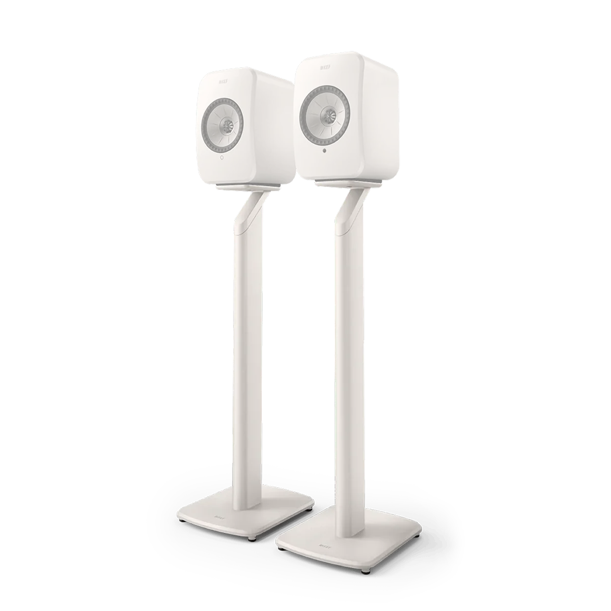 KEF S1 Floor Stand Mineral White paired with LSX II speakers