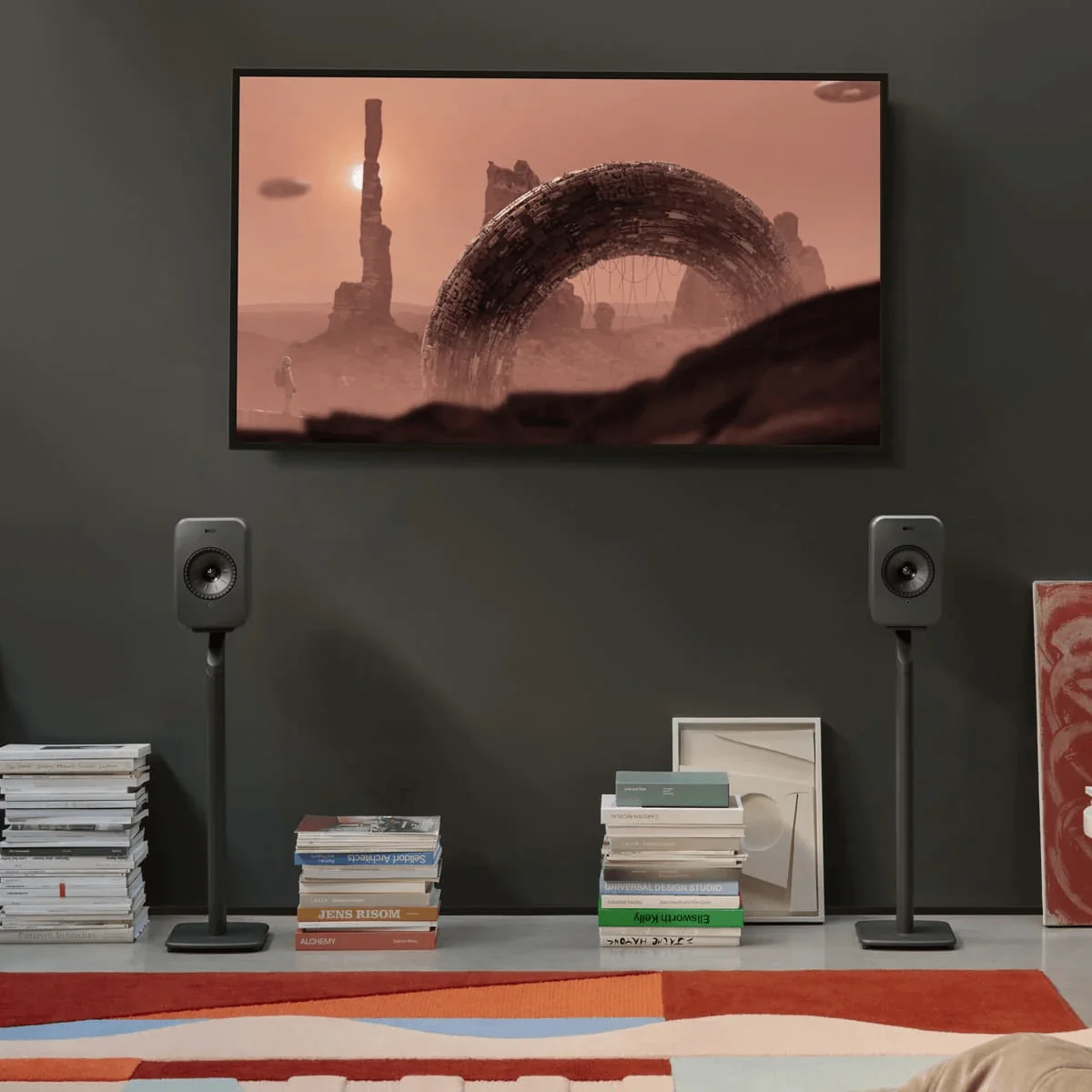 KEF S1 Floor Stand Slate Grey paired with LSX II speakers